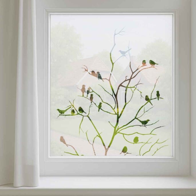 Raamfolie met vogels en takken – decoratieve matte glasfolie voor extra privacy