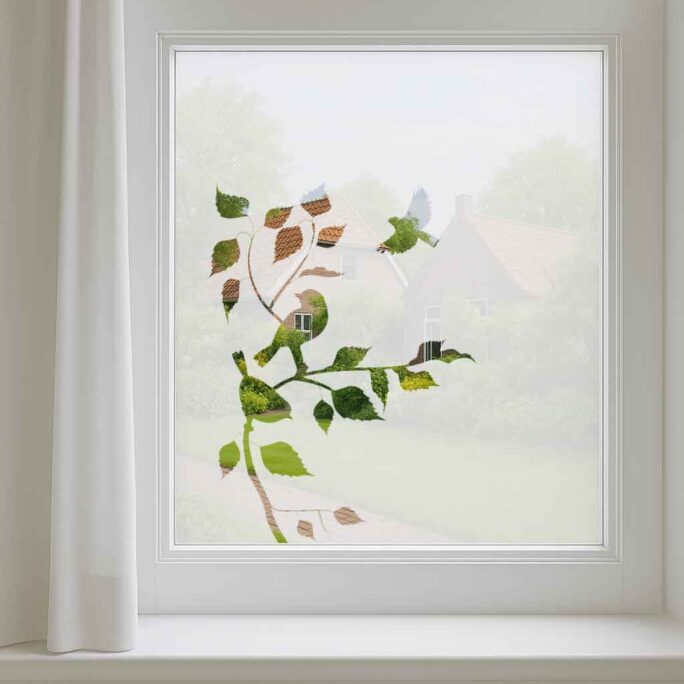 Decoratieve raamfolie met vogel en bladeren – matte glasfolie voor subtiele privacy