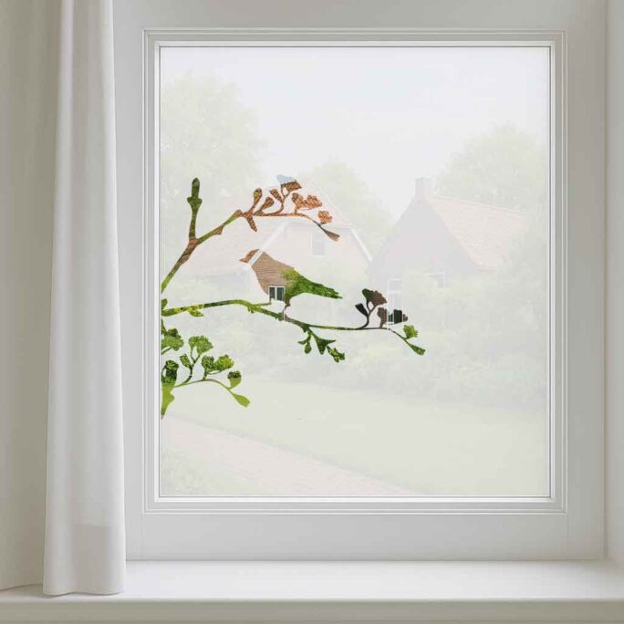 Matte raamfilm met vogels op takken – decoratieve inkijkbescherming