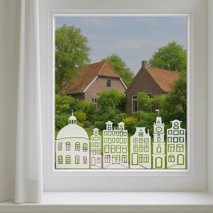 Raamfolie huisjes – zelfklevende privacy raamfolie met zandstraal effect
